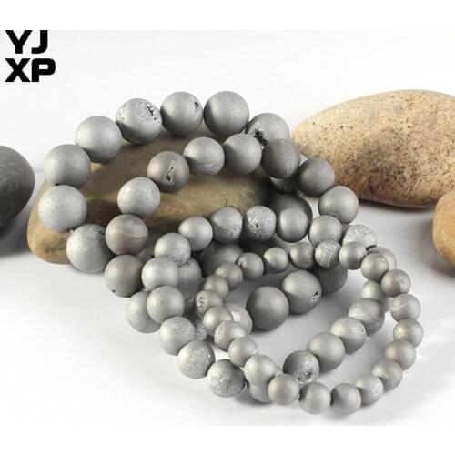 YJXP Titanium Plated Weathering Silver White Natural Agates 8-14mm Round Beads Handmade Bracelet Women Gift Fashion Jewellery