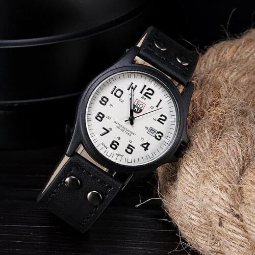 Ladies Watch Vintage Mens Waterproof Date Leather Strap Sport Quartz Watch Bk