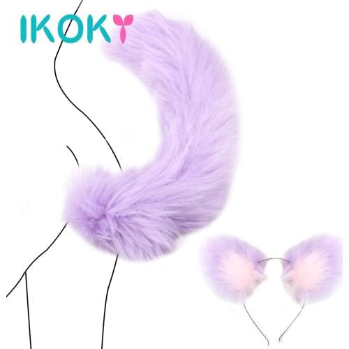 IKOKY Cute Cosplay Anal Plug Smooth Touch Soft Fox Tail Metal Butt Plug With Cat Ears Headbands Sex Toys For Women Men Couples