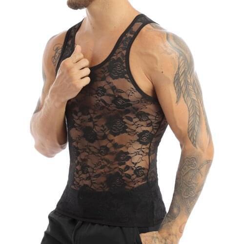 Mens Sissy Sexy Tank Tops See Through Lingerie U Neck Sleeveless Stretchy Floral Lace Muscle Fitted T-Shirt Undershirt Crop Tops