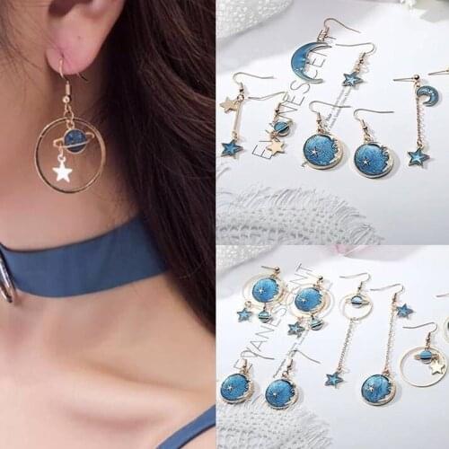 New Creative Blue Universe Asymmetric Earrings For Girl Ear Accessories Cute Moon Star Drop Pendientes Tassel Brincos Mujer