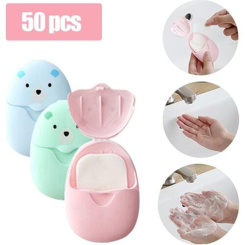 50Pcs Disposable Travel Soap Flakes Portable Hand Wash Sanitizer Disinfection Soap Paper Sheets Box Bathroom Cleaning Scented