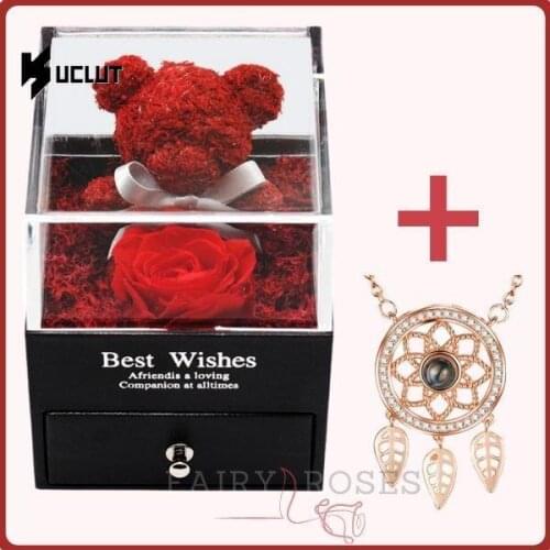 Eternal Rose Bear Wiht 100 Language Stainless Steel I Love You Necklace, Valenties Gift for Lover Family, Fairy Rose Bear