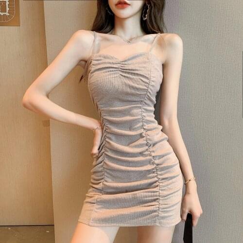 C2846 2021 new Summer women fashion drawstring drape slim show thin sexy shoulder strap dress cheap wholesale