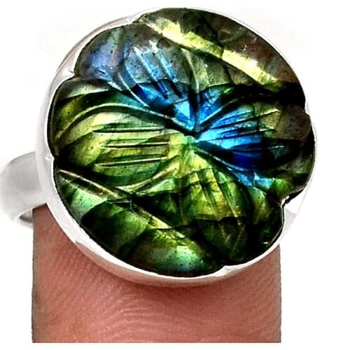 Genuine Carved Labradorite Ring 925 Sterling Silver, USA Size : 8.25 , AR4319