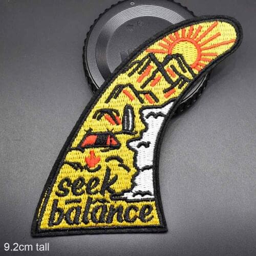 Outdoor Theme Camping Yellow Mushroom In Front Of Sun Balance Iron On Embroidered Clothes Patches For Clothing Garment Wholesale