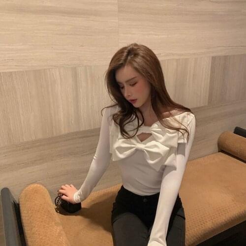 Foreign Style Bow Tie White Bottomed Shirt Women Tshirt Spring Autumn Clothes 2021 New Long Sleeve T-Shirt Top Design Vogue