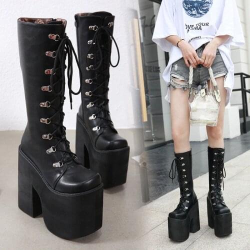 PXELENA 34-43 Creepers Motorcycle Knee High Boots Punk Cosplay Boots Gothic Wedges Platform Chunky High Heels Boots Women Shoes