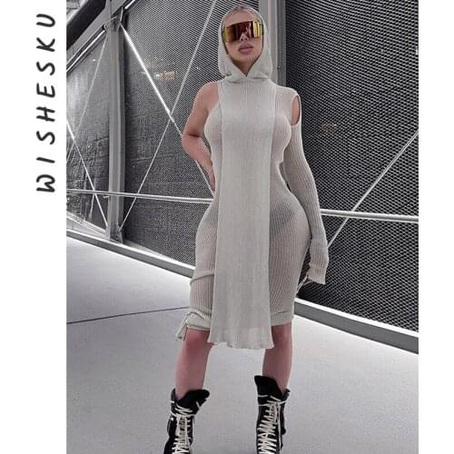 Sexy See Through One Shoulder Midi Dress Single Sleeve Hoodies Bodycon Dresses 2021 Fall Vintage Cute Cosplay Clothes