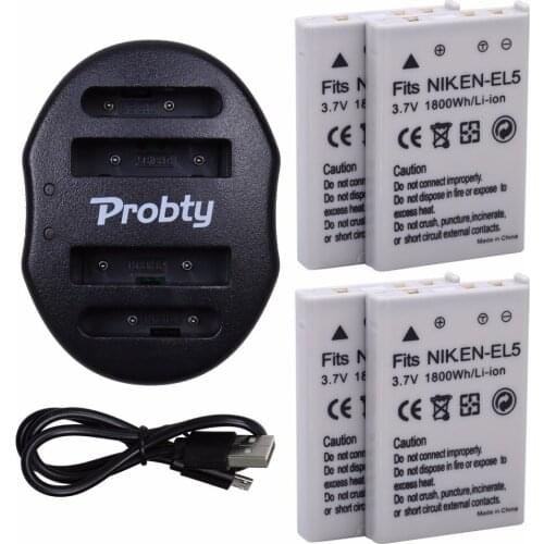 4Pcs PROBTY EN-EL5 EN EL5 Battery + USB Dual Charger For Nikon CoolPix P530 P510 P500 P90 P80 4200 5900 7900 P4 S10 camera