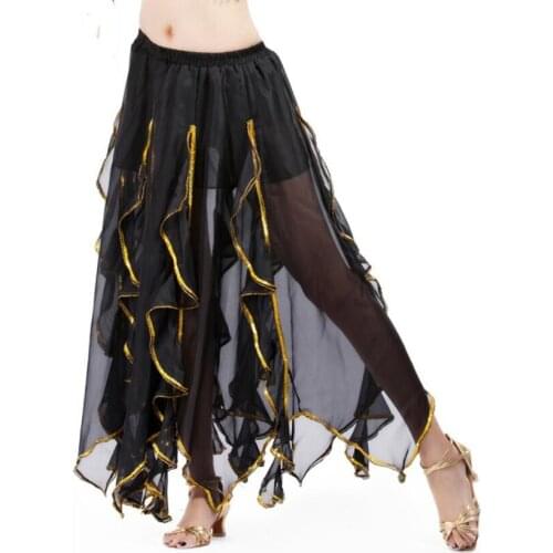 Women Golden Trim Skirt Chiffon Belly Dance Performance Skirt Black Purple