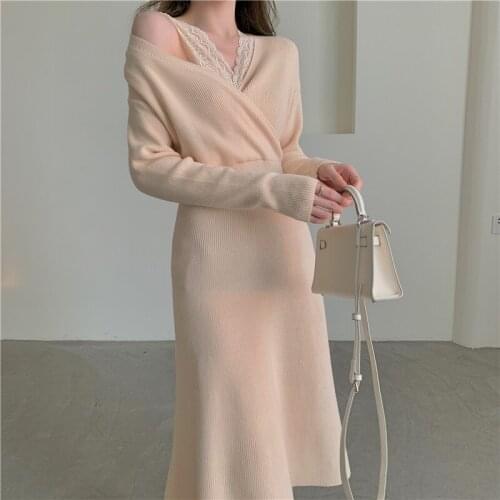 Lady Social Evening Party Dress Sweater Sexy V-neck Lace Patchwork Autumn Winter Dress High Waist Vestidos Robe Femme