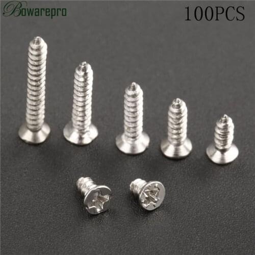 Bowarepro 100PCS Flat Head Self Tapping Screw Carbon Steel Phillips Screws Countersunk Bolts M2 x4mm/5mm/6mm/8mm/12mm/16mm