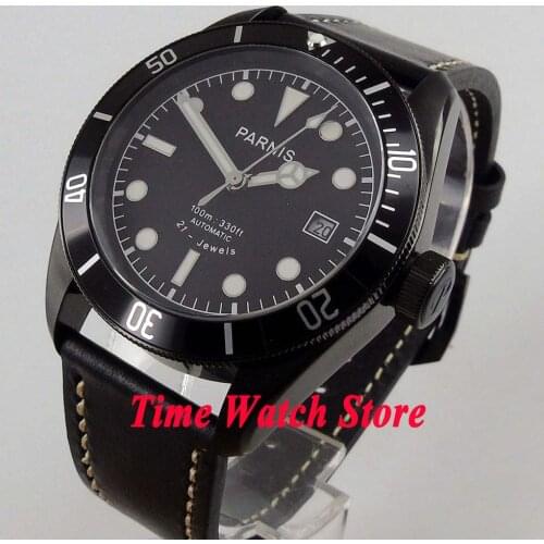 41mm Parnis 21 jewels Miyota Automatic mens watch Black PVD case sapphire glass black dial luminous