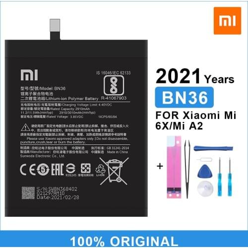 Xiao Mi Original Phone Battery BN36 for Xiaomi Mi 6X Mi6X Mi A2 MiA2 2910mAh High Quality Replacement Battery With Free Tools