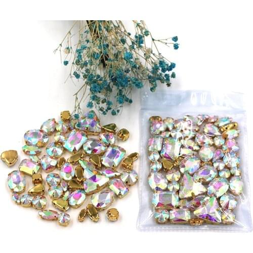 Clothing accessories mixed shape White AB glass crystal sewing rhinestones with gold base for dress/garment/shoes