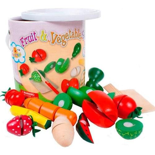 Child wooden toy vegetables fruits play house kids kitchen toys set barrel package