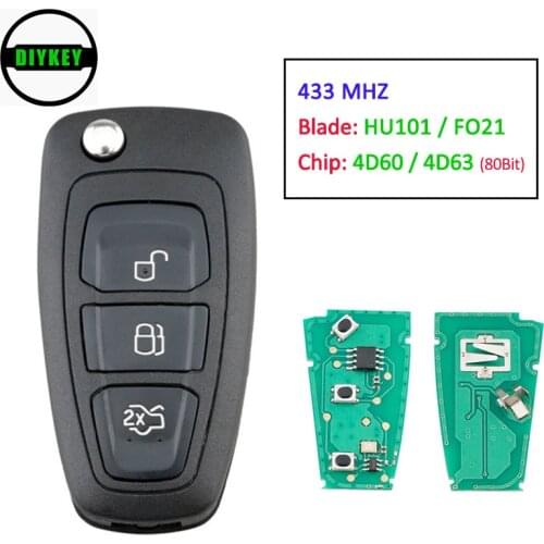 DIYKEY Remote Car Key Fob 3 Button 433MHz 4D60/ 4D63 Chip For Ford Connect Focus Mondeo Fiesta Transit C Max Blade: HU101 / FO21