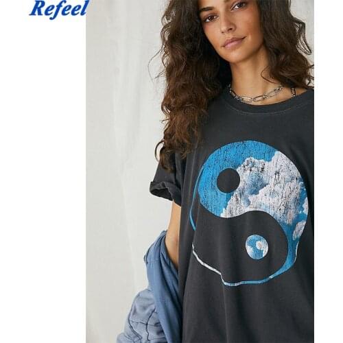 Spring summer women tee sun moon casual oversized loose short sleeve Tshirt streetwear top ladies