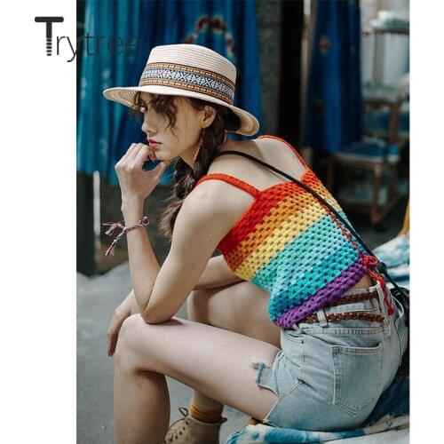 Trytree 2021 Summer Casual Women Tank Top Knitted Colors Stripe Sexy Hollow Out Holiday Fashion Ethnic Style Vest Tops for Women