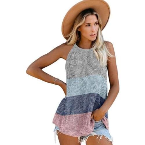 066C Women Summer Halter Strappy Cami Tank Top Color Block Striped Knitted Vest Sexy Off Shoulder Casual Loose Beach Sleeveless