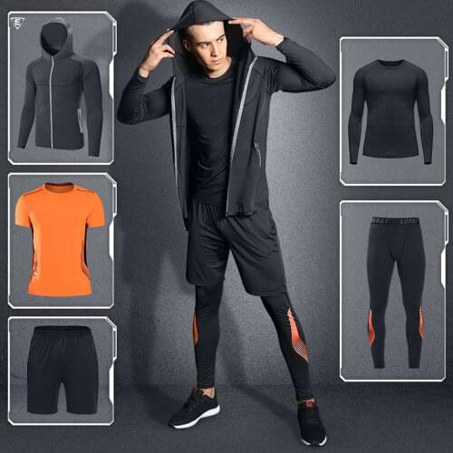 WWKK Mens Fitness 5 Piece Set Running Shirt Shorts Gym Sport Long Sleeve Hooded Coat Tees Style Fashion Sport Shirt New Trousers