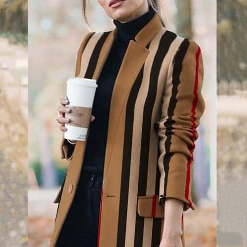 2021 NEW Autumn And Winter Womens New Long-sleeved Lapel Coat Printed Woolen Coat Fashion Striped Plaid Slim Coats Oversized