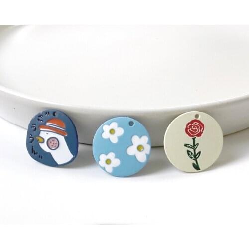 Original hand-painted wind, childlike, lovely big white goose, rose, little flower, round card, DIY earrings, key chain material