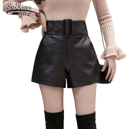 2021 Autumn Korean PU Faux Leather Shorts Women High Waist Wide Leg Short Ladies Plus Size Sexy Belted Black Short Bottoms 7774
