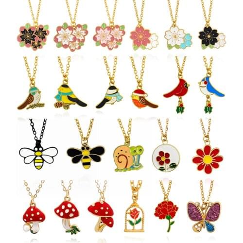 Flowers and birds Pendant Necklace cherry blossoms snail Bee and butterfly Mushroom rose Metal alloy fashion necklace