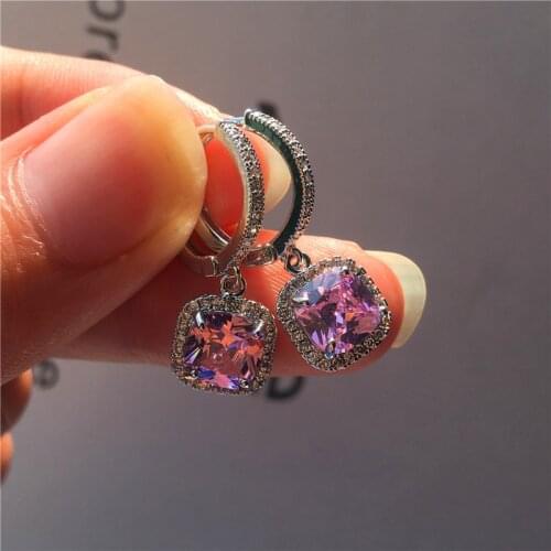 Luxury Female White Pink Zircon Stone Earrings Elegant Square Hoop Earrings For Women Silver Color Wedding Earrings