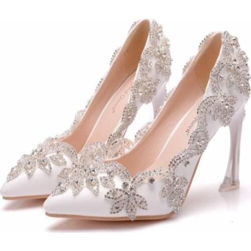 Womens shoes high heels wedding fine heels white diamond shiny evening dress bridal shoes crystal pumps for party