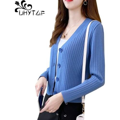 UHYTGF Spring autumn sweater women fashion shawl short cardigans for women 2020 long sleeve knitted plus size sweaters coat 1261