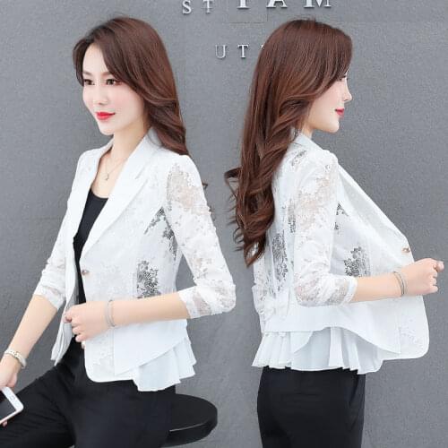 Female Shawl 2021 Summer New Women Short Wild Thin Style Single Button Splice Hollow Lace Sun Protection Clothing Y107