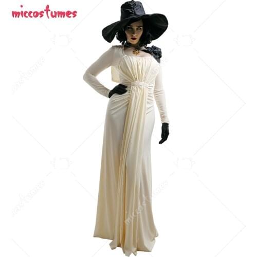 Presale Lady Vampire Dimitrescu Long Sleeved Dress Cosplay Costume Outfit with Hat Necklace Corsage Gloves