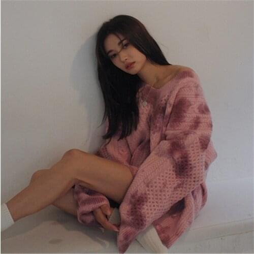 2020 Womens Sweater Winter Korean Style Vintage V-neck Irregualar Printing and Dyeing Midi Knitted Sweater Oversized Pullovers