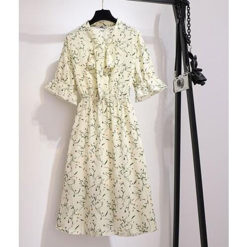 Summer Bow Collar Mid-Calf High Waist Dress Big Plus Size Printed Floral Elegant Office Ladies Chiffon Tunic Midi Dress