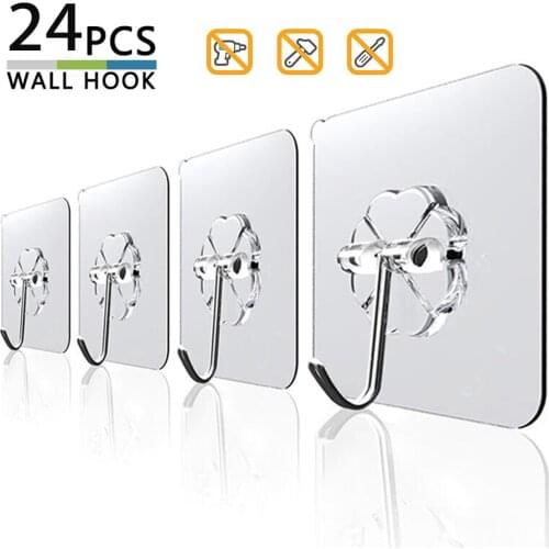 24 pcs Transparent Strong Non-marking Self Adhesive Door Wall Hangers Hooks Suction Heavy Wall Sticker Hook for Kitchen Bathroom