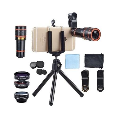 6 in 1 tripod 12X Zoom Telescope Fisheye Wide Angel Macro Lens Kit For All smartphone