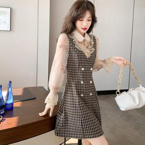 One-Piece Korean Trend WomenS Clothing Fashion Retro Spring Sequin Embroidery Mesh Stitching Doll Collar Houndstooth Dress 2021