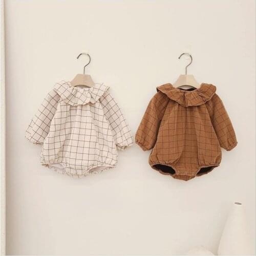 0-2Yrs Newborn Baby Lotus Leaf Collar Grid Romper Spring Baby Long-sleeve Fashion Infant Cotton Clothes Baby Boy Girl Rompers