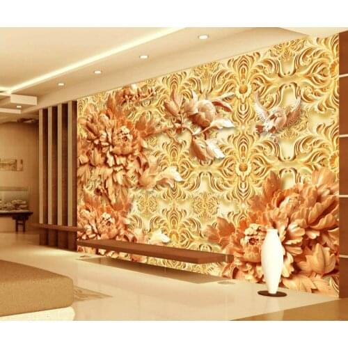 Chinese Peony woodcarving 3d mural wallpaper 3d stereoscopic flower wallpaper Home Decoration