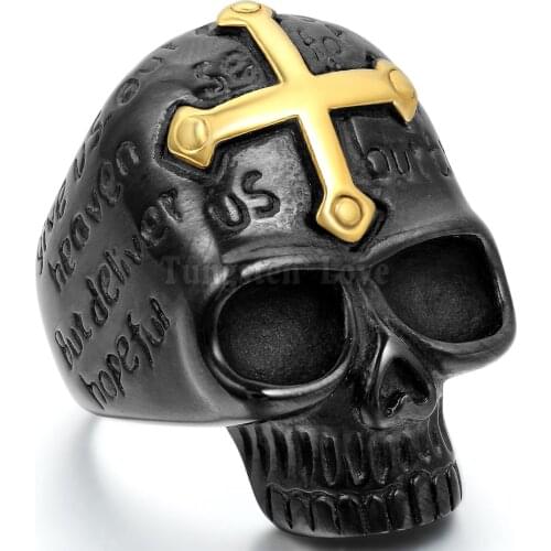 Fashion Punk Mens Ring 316L Stainless Steel Gothic Biker Gold Cross Black Skull Ring For Men Boys bague homme