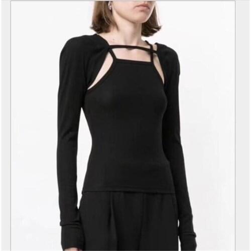 Fashion Women Autumn Sexy Hollow Out T Shirt Two Pieces Black White Camis&long Sleeve Oversleeve Sets Sexy Slim Bottoming Shirt