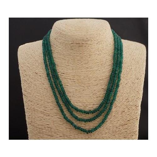 Beautiful NATURAL 3 Rows 2X4mm Faceted GREEN EMERALD BEADS NECKLACE