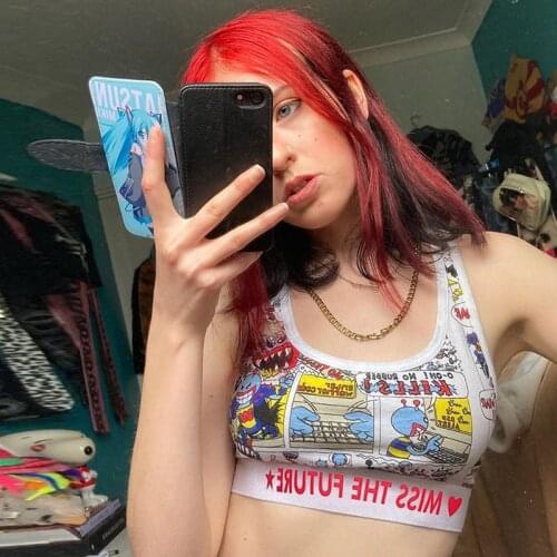 White Tank Top Women Cartoon Printed Harajuku Slim Girls Sexy Sleeveless Female Summer Vest Cute Top Clothes Club Streetwear