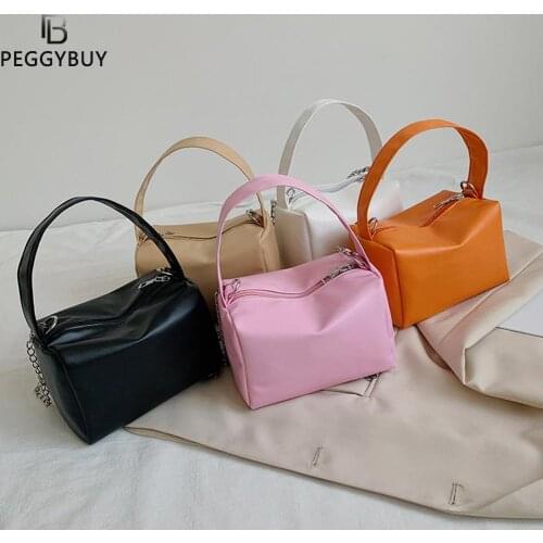 Fashion Women PU Leather Candy Color Top-handle Small Square Handbag Tote Purse Ladies Vintage Chain Zipper Crossbody Shoulder B