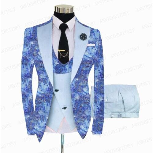 New Blue Floral Printed Groom Wedding Suit Custom Slim Fit Formal Men Shiny Jacket Prom Dinner Suit Blazer Vest Pants 3 Pieces