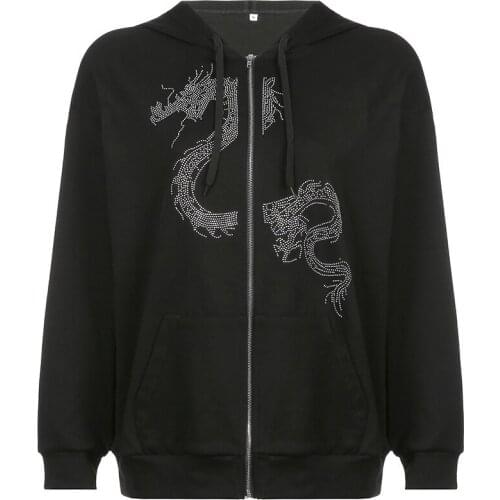 NEWDISCVRY Dragon Rhinestone Zip Up Oversized Hoodie 90s Aesthetic Grunge Clothes Streetwear Women Vintage Sweatshirts P67-DI52