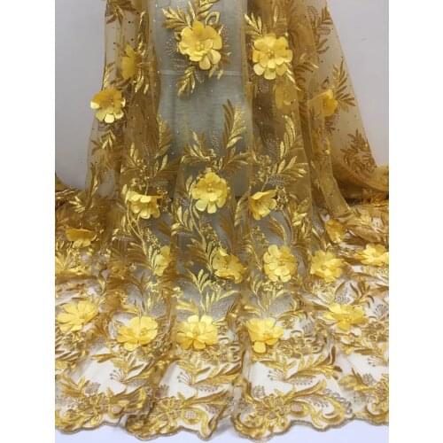 Latest Style Yellow 3D Beaded Lace Fabric 2018 Fashion African Net Lace Fabric Tulle African French Lace Fabric High Quality YDF